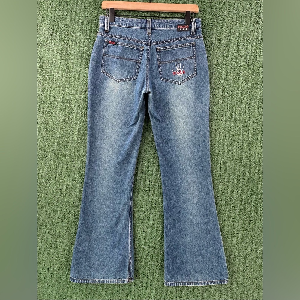VTG Y2K Mudd Yol Hand Print Embroidered Logo Bellbottom Flare Jeans 28” Waist
